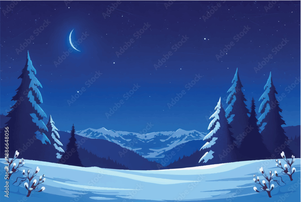 Naklejka premium Winter night in mountains landscape. Winter night with moon. Illustration of snowy winter night. 