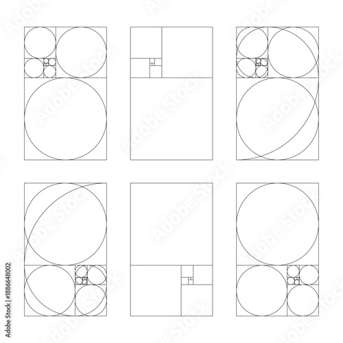 Vertical golden ratio harmony proportions different templates. Fibonacci numbers, array vertical set. Fibonacci golden ratio collection.