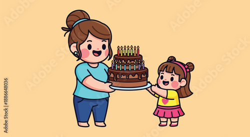 A cartoon woman and little girl holding a birthday cake with lit candles on a plate against a peach background.