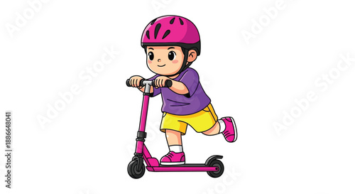 A cheerful young child riding a pink scooter while wearing a helmet and casual clothing on a white background.