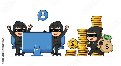 Three cartoon thieves celebrating with a computer and stacks of coins and a money bag on a white background with a cheerful mood.