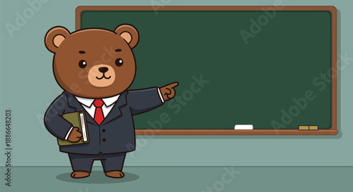 Cartoon bear in a business suit pointing at a green chalkboard in a classroom setting with educational elements.