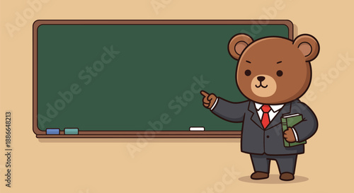 A cartoon brown bear in a business suit points to a blank green chalkboard with a book in hand, standing against a beige background with a
