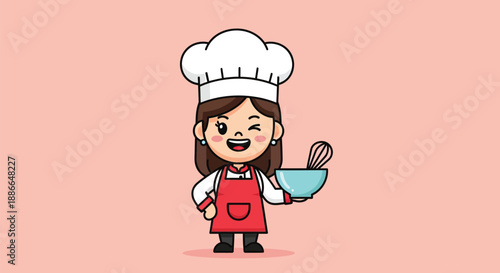 Cartoon illustration of a cheerful young female chef wearing an apron and hat holding a bowl and whisk against a pink background.