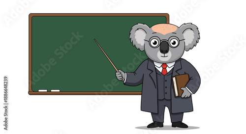 A cartoon koala in a suit and tie holds a book and points with a stick at a green chalkboard on a white background with a humorous educational mood.