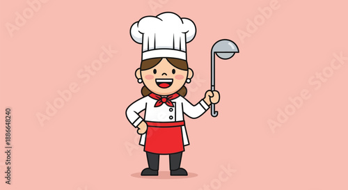 Cartoon chef woman in uniform holding ladle against pastel pink background with a cheerful expression.
