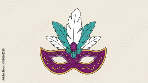 Purple Masquerade Mask with Feathers Isolated on White Background