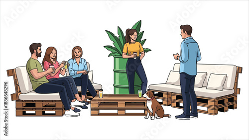 Modern Urban Lifestyle Illustration of Friends Group Meeting on Patio with Drinks and Dog.eps