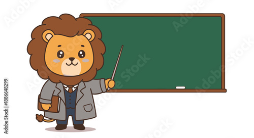 Cartoon lion wearing a lab coat stands beside a green chalkboard holding a pointer and book.