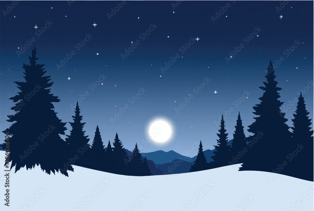 Obraz premium Winter night in mountains landscape. Winter night with moon. Illustration of snowy winter night. 