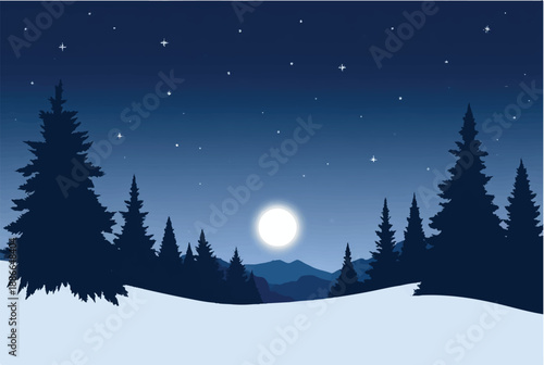 Winter night in mountains landscape. Winter night with moon. Illustration of snowy winter night. 