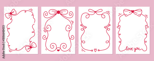 Decorative red frames with ribbons, hearts and bows for Valentines Day. Borders for greeting cards, planners, and holiday designs. Invitations for party