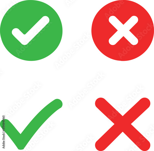 Green Check Mark and Red Cross Icons Approval Rejection Set