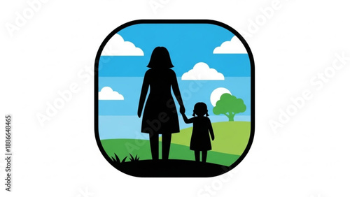Mother Holding Childs Hand Walking in Green Field under Blue Sky