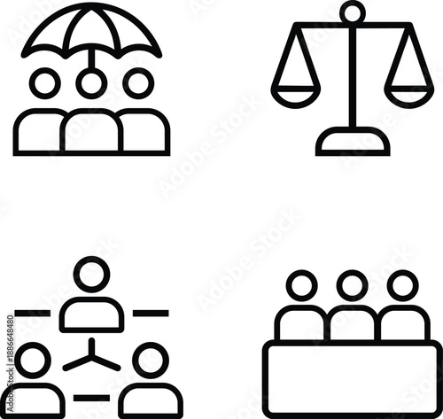 Diverse business and legal concept icons showing teamwork and justice with clean line art style isolated on transparent background