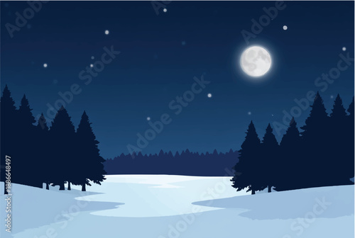 Winter night in mountains landscape. Winter night with moon. Illustration of snowy winter night. 