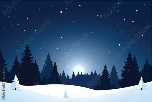 Winter night in mountains landscape. Winter night with moon. Illustration of snowy winter night. 