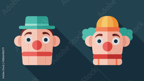 Two clown heads with different hats and hair styles.