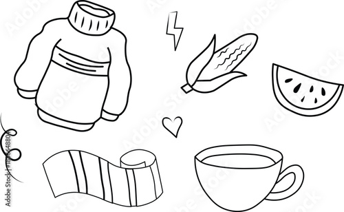 Seasonal essentials icon set in hand drawn vector style for lifestyle and design