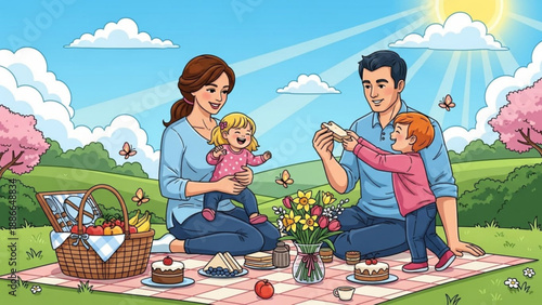 Happy Family Having Picnic in Blooming Park during Sunny Day