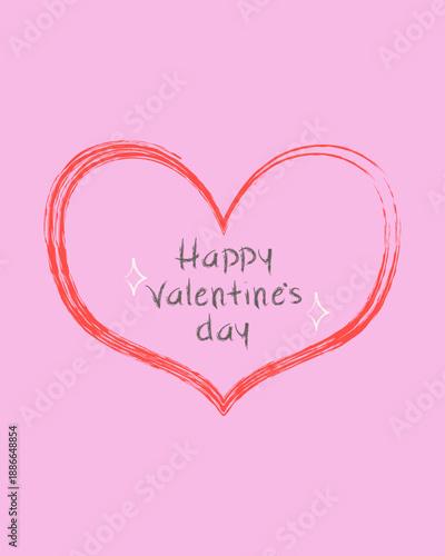 Сute Valentine’s Day greeting card with doodle heart frame. Hand drawn crayon poster. Cartoon isolated vector illustration