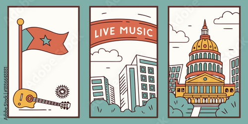 Live Music Event Triptych with Guitar, Cityscape Banner, and Domed Civic Building in Stylized Panels, USA, United States