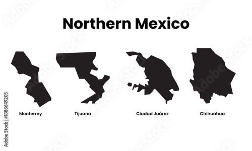 Northern Mexico Vector Map with States Silhouette and Outline Illustration set