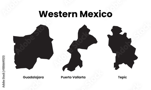 Western Mexico Vector Map with Regional City Silhouettes  Illustration set