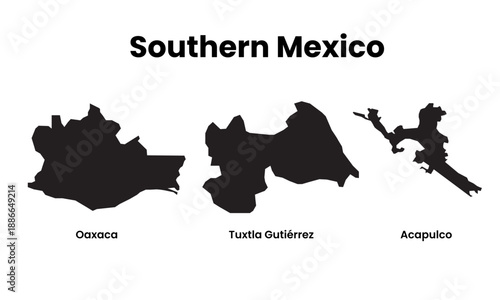 Southern Mexico Vector Map with Regional City Silhouettes Illustration set