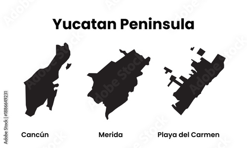 Yucatan Peninsula Vector Map with City Silhouettes Illustration set