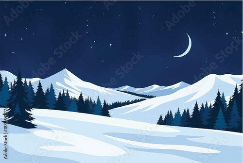 Winter night in mountains landscape. Winter night with moon. Illustration of snowy winter night. 