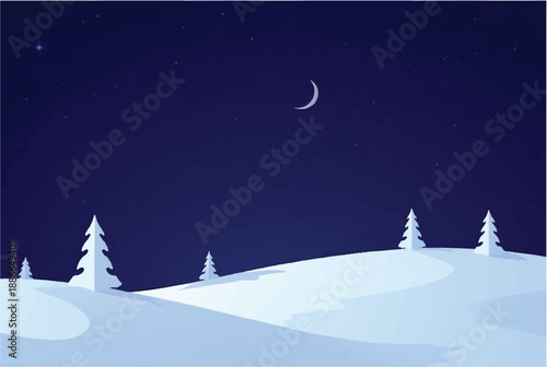 Winter night in mountains landscape. Winter night with moon. Illustration of snowy winter night. 