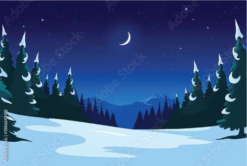 Winter night in mountains landscape. Winter night with moon. Illustration of snowy winter night. 