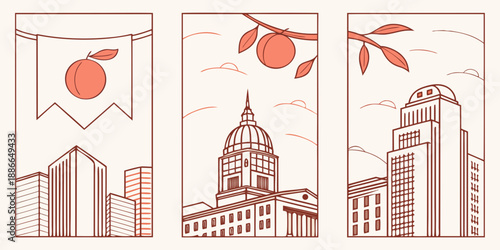 Peach-Themed Cityscape Triptych with Government Dome, Modern Skyscrapers, and Symbolic Peach Motif in Orange-Red Tones, USA, United States