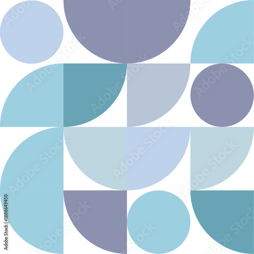 Contemporary abstract design showcasing a harmonious interplay of curved and circular geometric forms, rendered in serene shades of cool blue, lavender, and pristine white, evoking a sense of calm