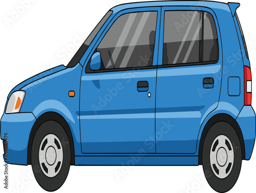 Blue compact city car vector illustration in side view, small hatchback automobile design for urban transport, mobility and travel projects