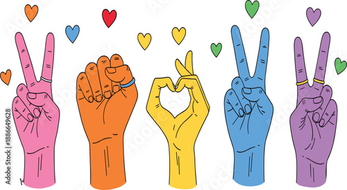 Colorful hand gesture vector illustration set with peace signs, heart shape and raised fist, expressing love, unity and positive emotions