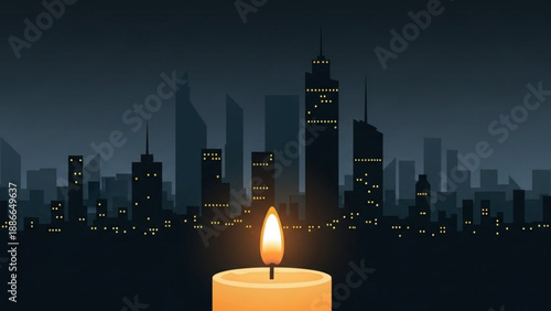 Lit Candle in Front of City Skyline at Night