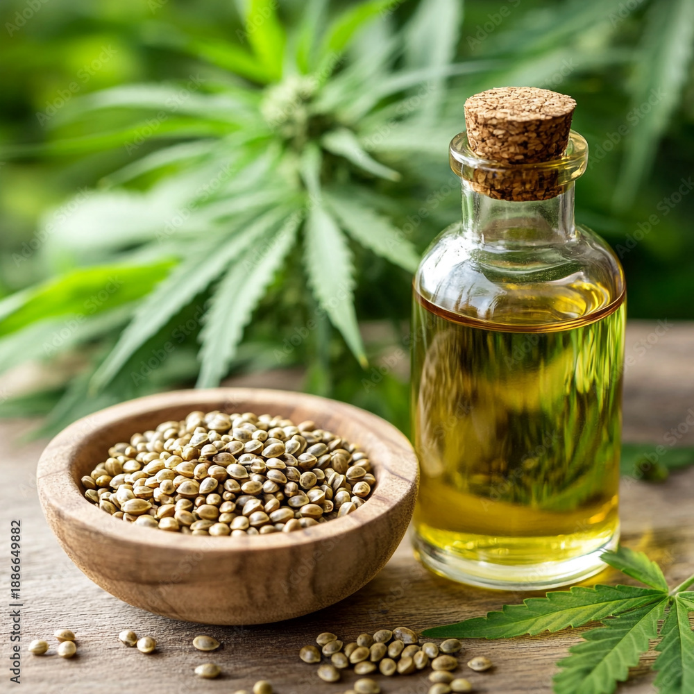 Fototapeta premium Cannabis oil in small bottles on wooden table with seeds.