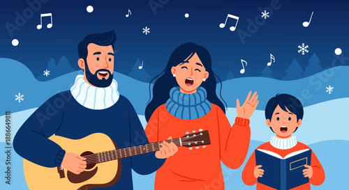 Warm family moments Father, mother, and son singing joyful winter songs together in a snowy landscape, a festive vector illustration