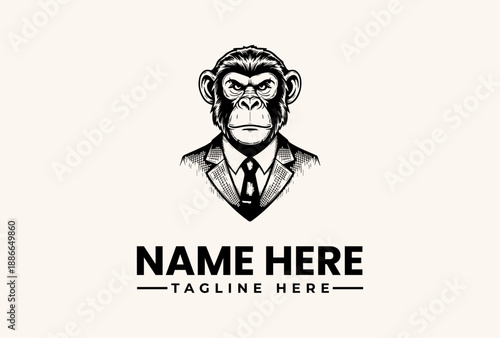 A black and white illustration of a monkey in a suit and tie with a placeholder text for a name and tagline on a plain background, featuring a logo and pictogram design.