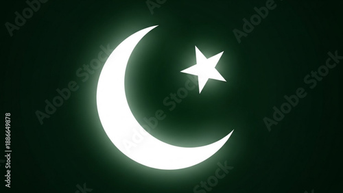 Glowing White Crescent Moon and Star on Dark Green Background