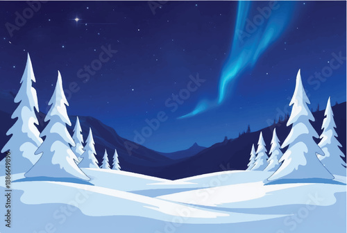 Winter night in mountains landscape. Winter night with moon. Illustration of snowy winter night. 