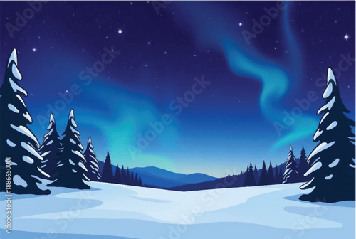Winter night in mountains landscape. Winter night with moon. Illustration of snowy winter night. 