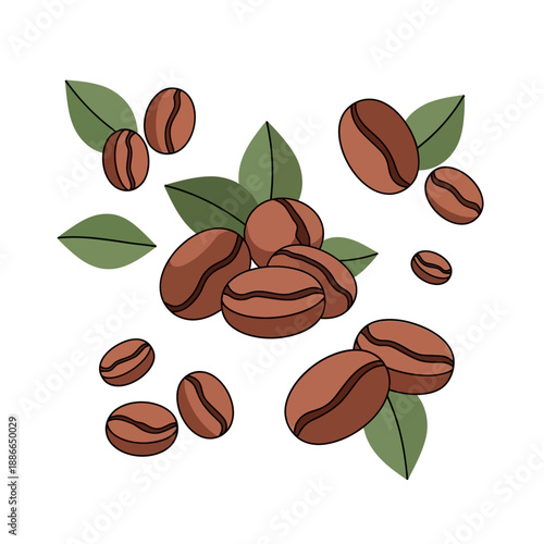 Coffee Beans and Leaves Illustration - Fresh Aroma and Energy