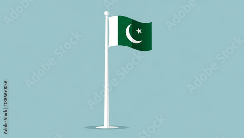 Pakistan Flag on White Pole Isolated on Blue Background