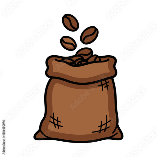 Brown burlap sack overflowing with roasted coffee beans, falling from above, isolated on white.