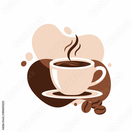 Steaming Coffee Cup with Beans and Abstract Shapes - Warm Beverage Illustration