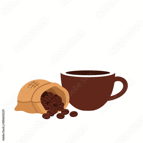 Coffee Beans Spill from Burlap Sack Next to Cup, Flat Design