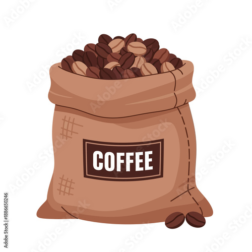 Burlap sack overflowing with roasted coffee beans, isolated on white background.